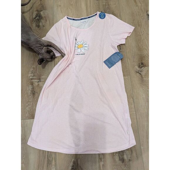 Life Is Good Pink Daisy Bee Nightgown Women’s L Striped Sleep Shirt NWT - Picture 3 of 12